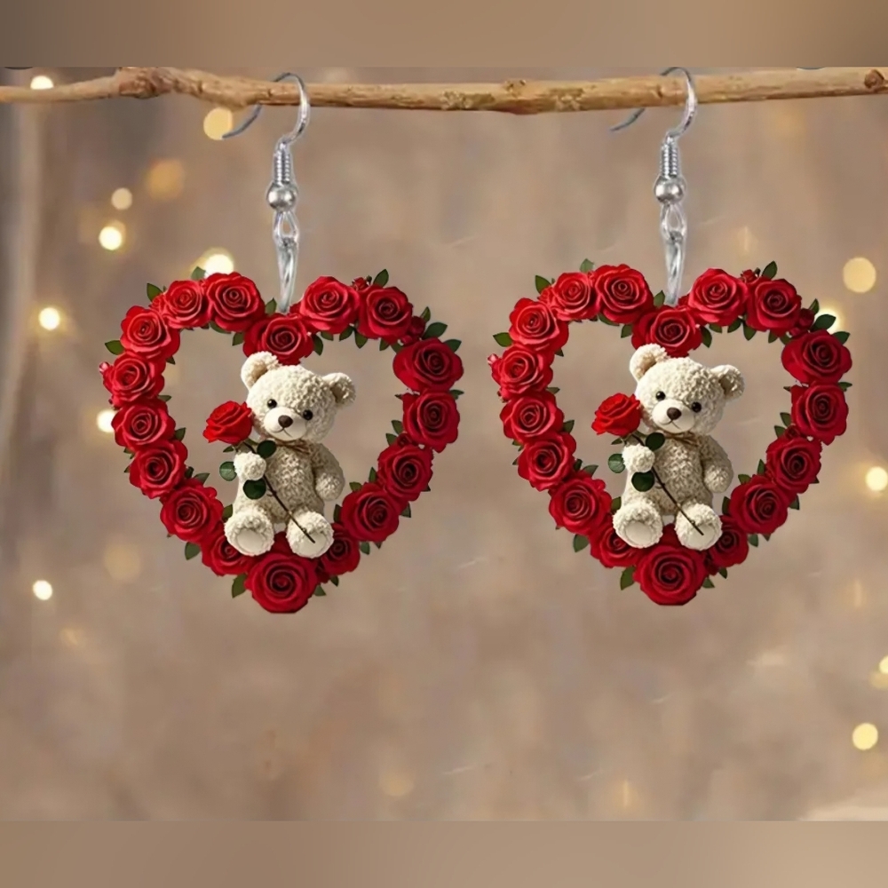 Adorable Heart Shaped Earrings with a Teddy Bear and Roses